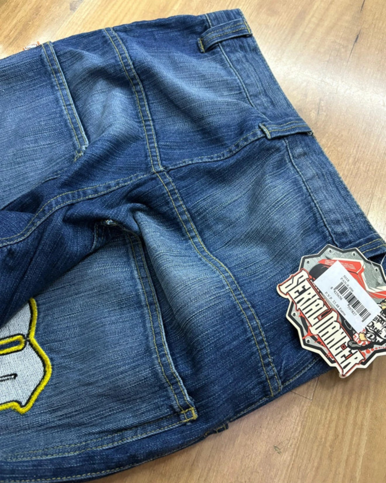 Y2k Hip hop Baggy Jorts Jeans Danger Serial Blue Washed SD Embroireded