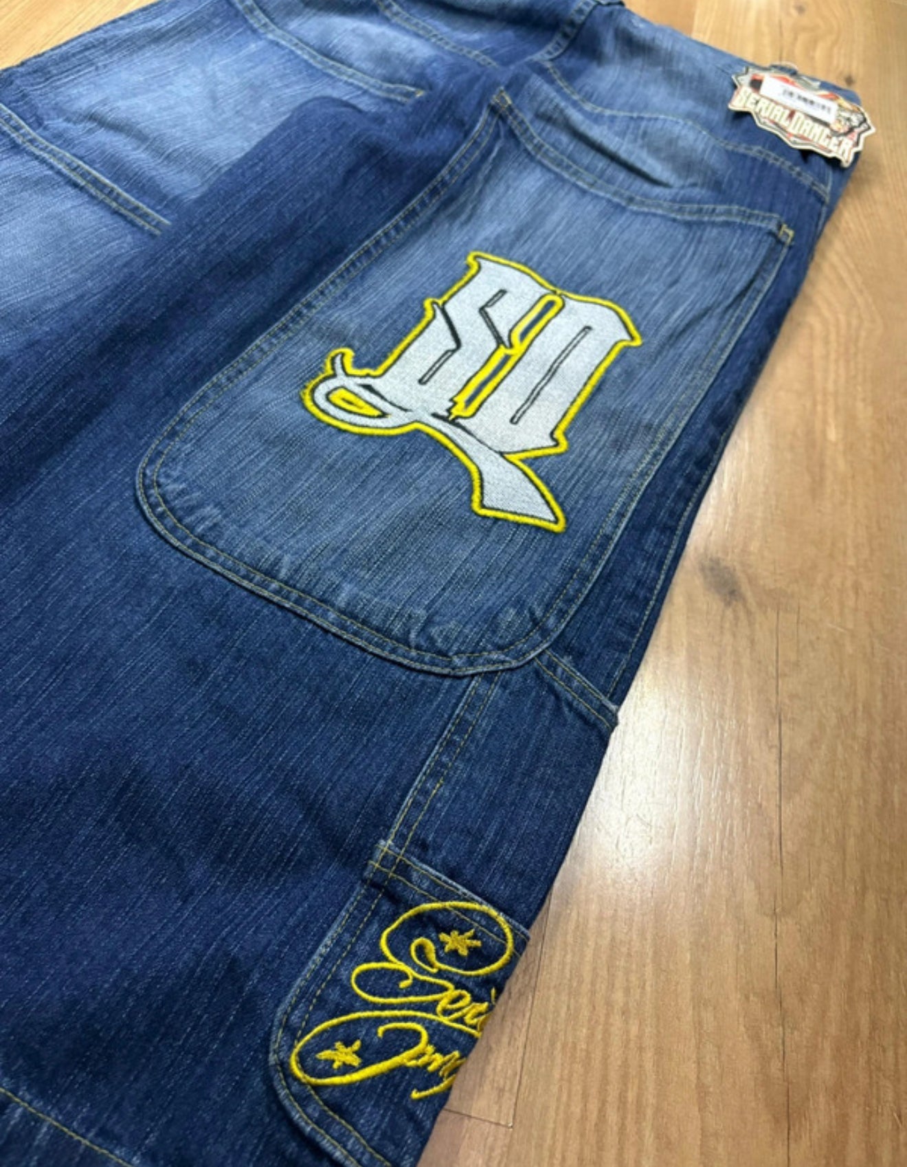 Y2k Hip hop Baggy Jorts Jeans Danger Serial Blue Washed SD Embroireded