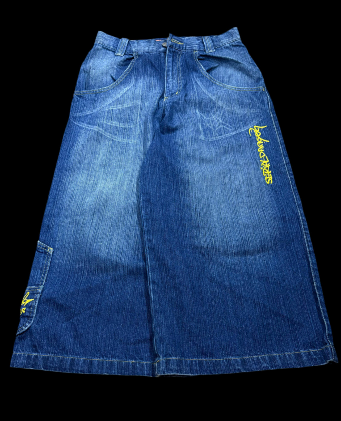 Y2k Hip hop Baggy Jorts Jeans Danger Serial Blue Washed SD Embroireded