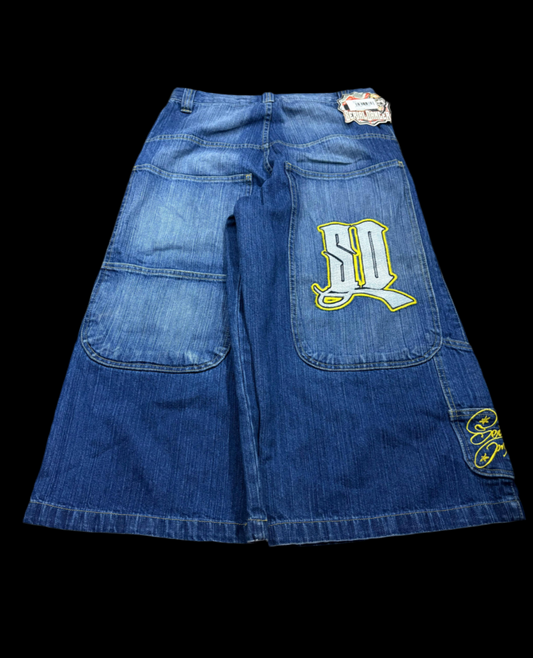 Y2k Hip hop Baggy Jorts Jeans Danger Serial Blue Washed SD Embroireded