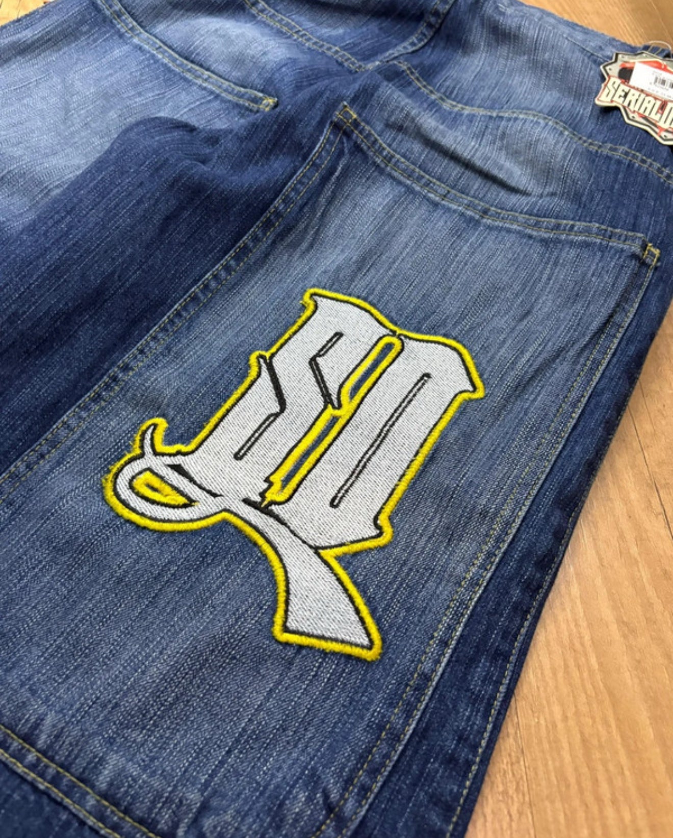 Y2k Hip hop Baggy Jorts Jeans Danger Serial Blue Washed SD Embroireded