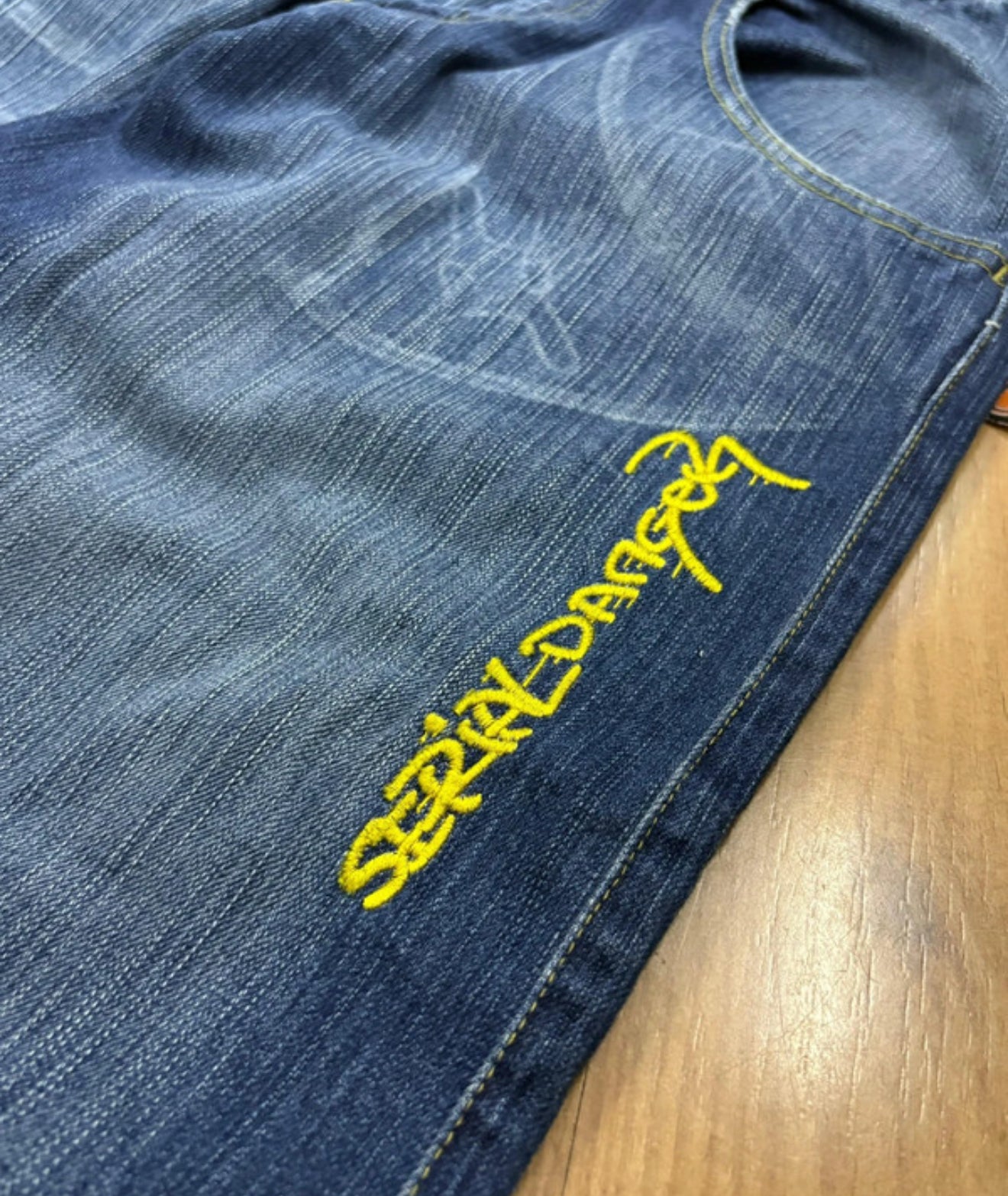 Y2k Hip hop Baggy Jorts Jeans Danger Serial Blue Washed SD Embroireded