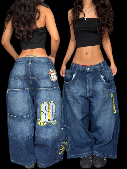 Y2k Hip hop Baggy Jorts Jeans Danger Serial Blue Washed SD Embroireded